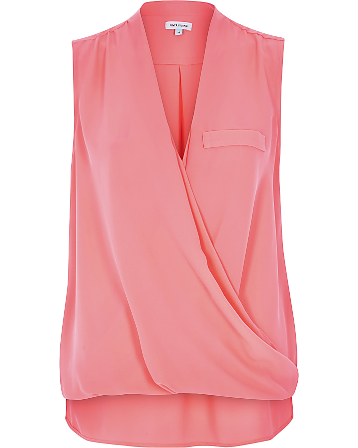 Coral wrap front sleeveless blouse