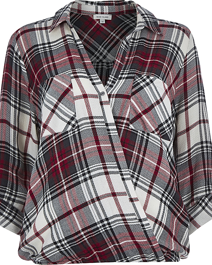 Red check wrap front blouse