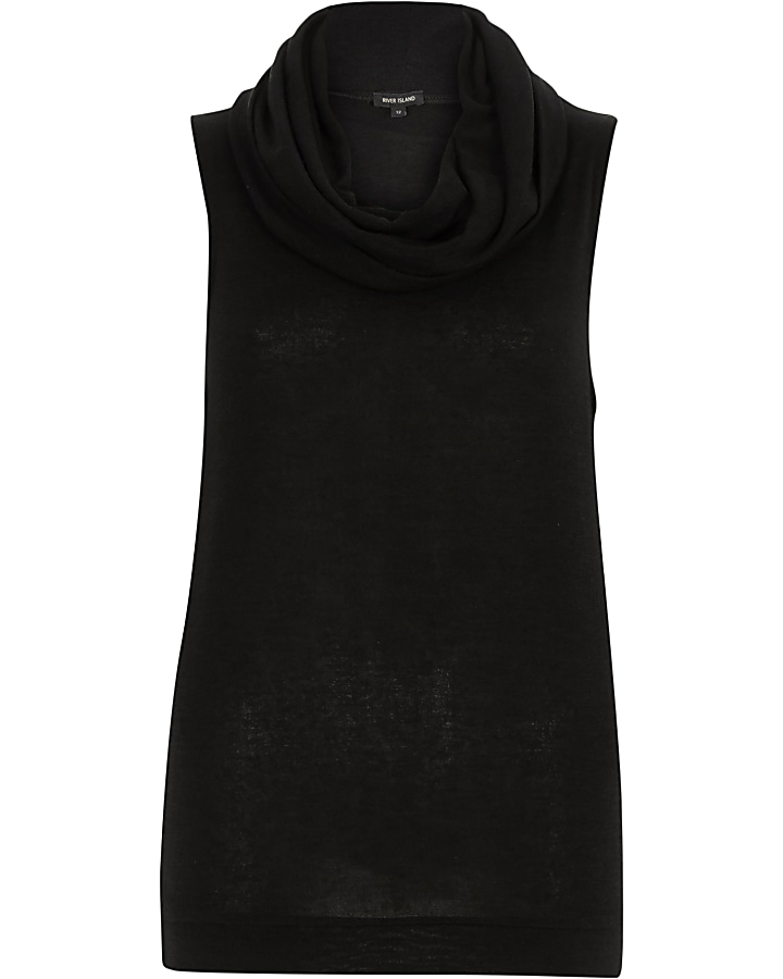 Black knitted cowl neck sleeveless top