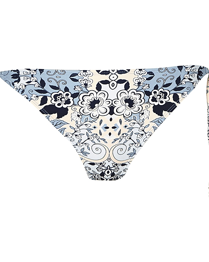 Blue floral print tie side bikini bottoms