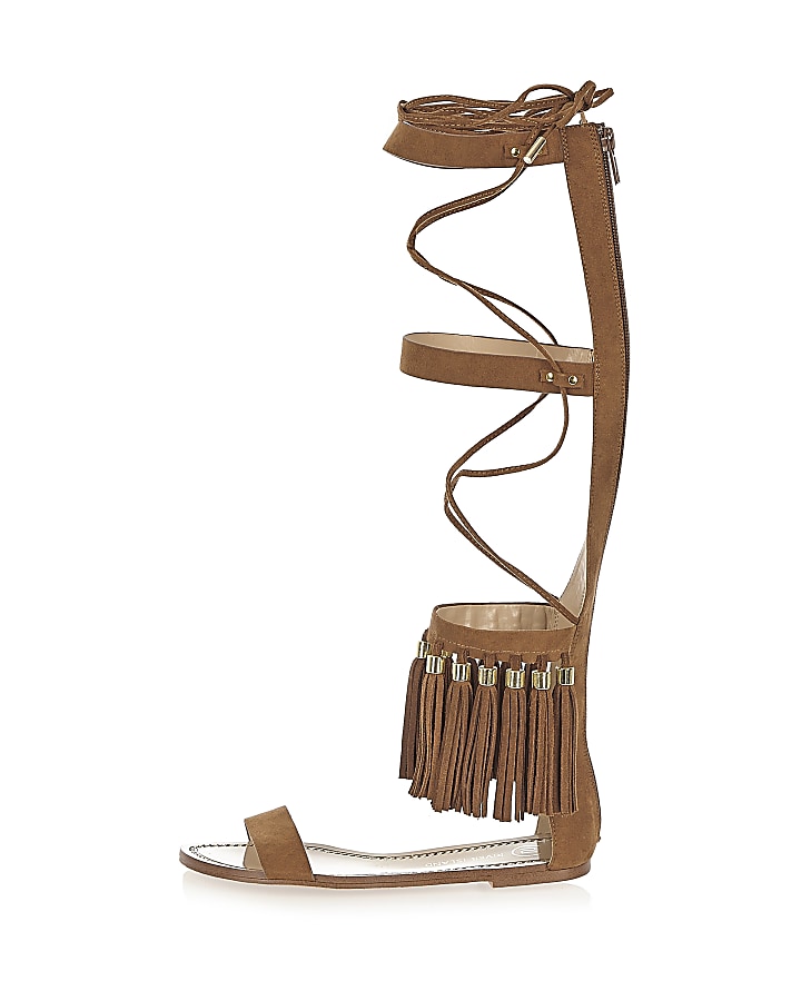 Brown tassel high leg sandals