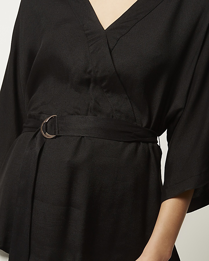 Black wrap D-ring kimono top