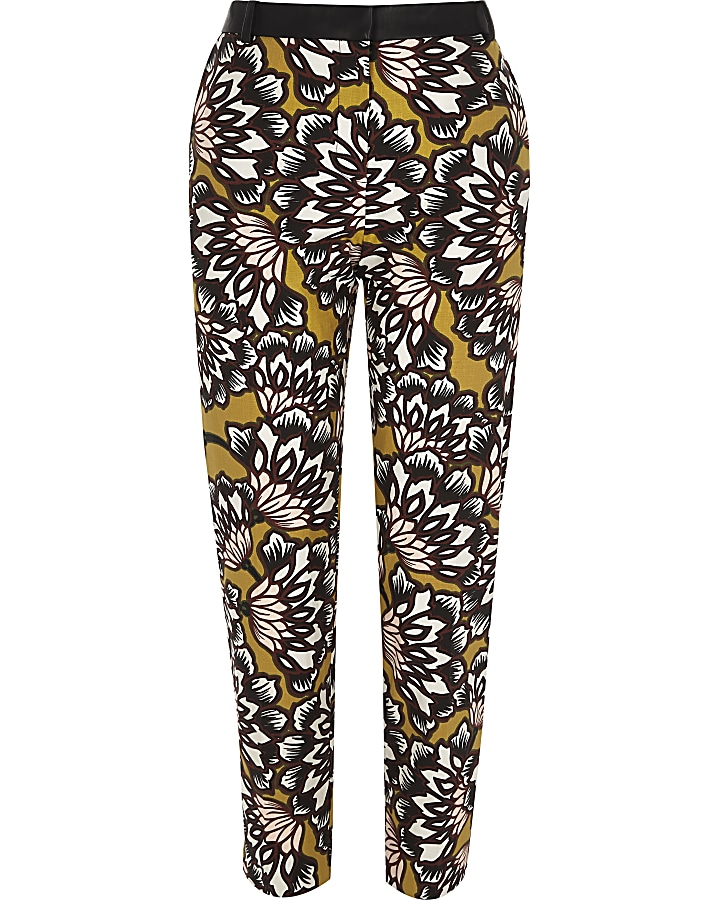 Yellow floral print woven cigarette trousers