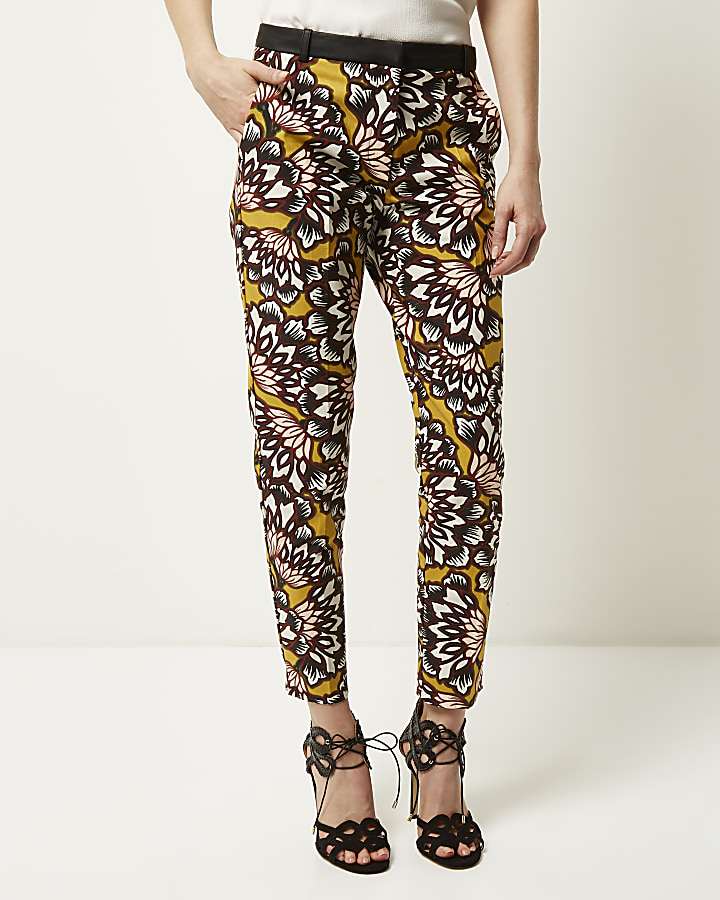 Yellow floral print woven cigarette trousers