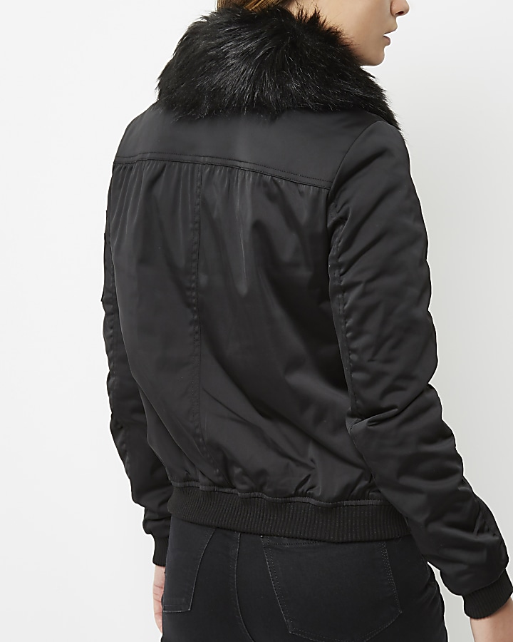 Black faux fur collar bomber jacket