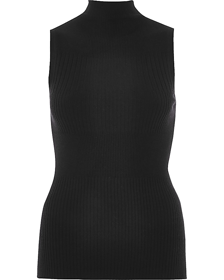 Black knit sleeveless turtleneck top