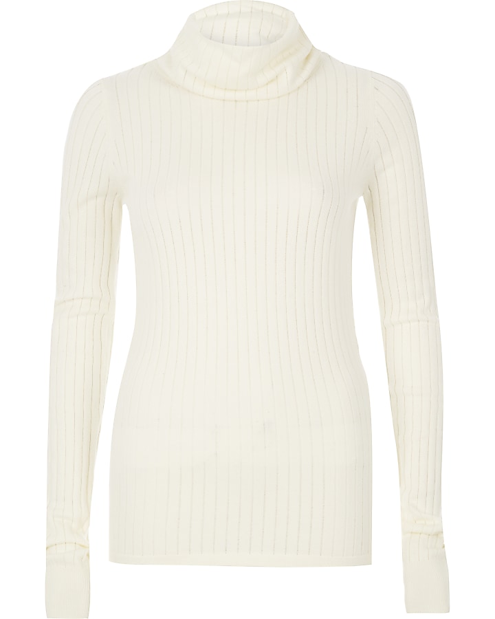 Cream ribbed roll neck top