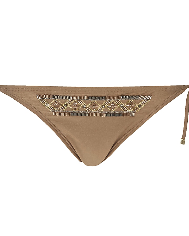 Light brown embellished string bikini bottoms