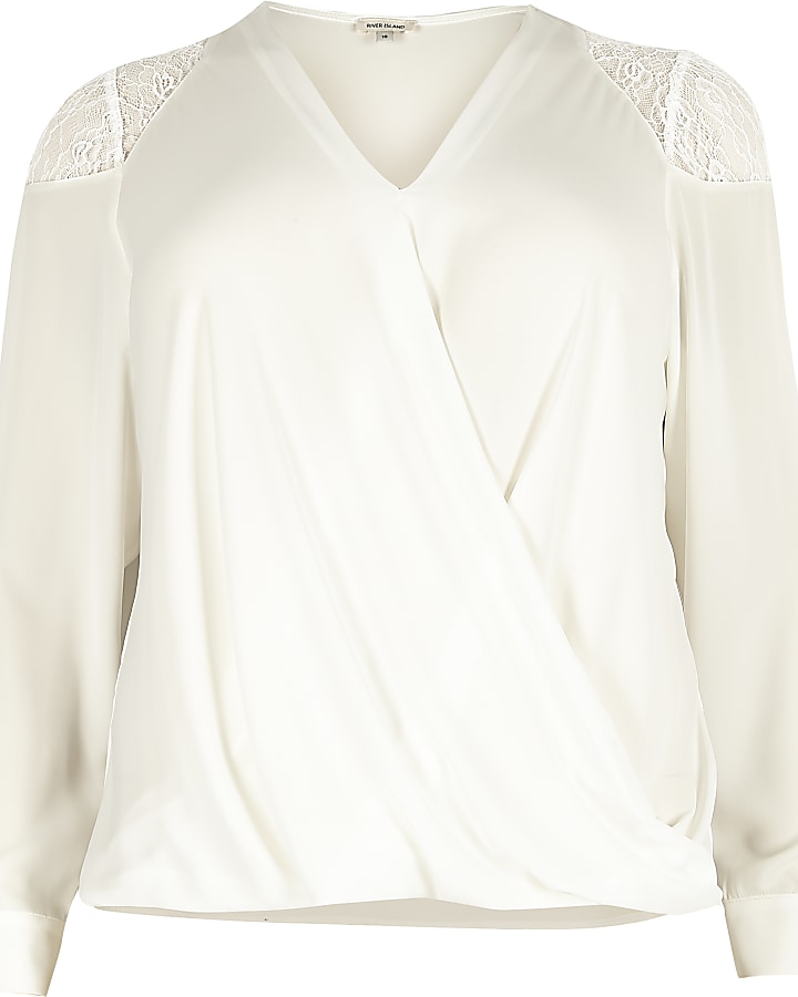 Plus white lace shoulder wrap blouse