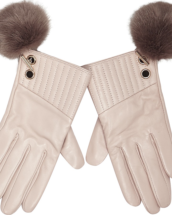 Light pink leather pom pom gloves