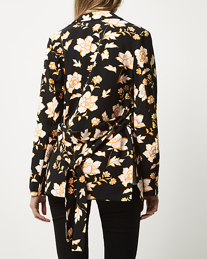 Black floral print belted jacket