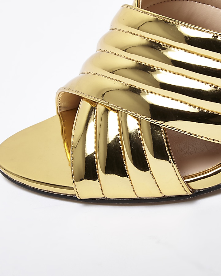 Gold patent cross strappy heels
