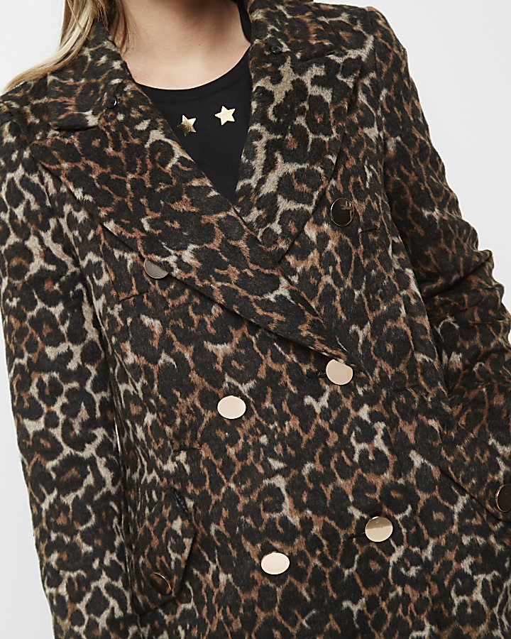 Brown leopard print faux fur trim overcoat