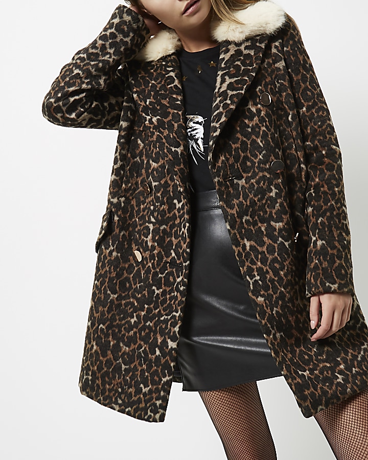 Brown leopard print faux fur trim overcoat