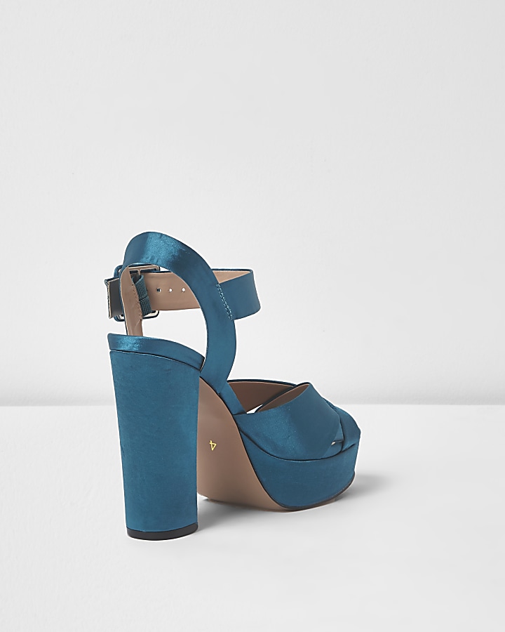 Blue satin cross strappy platform heels
