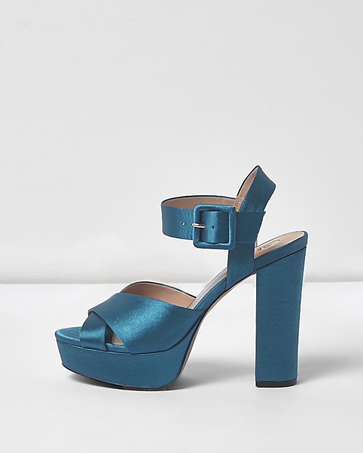 Blue satin cross strappy platform heels