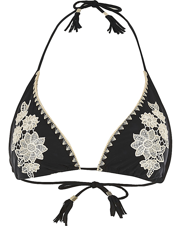 Black floral embroidered string bikini top