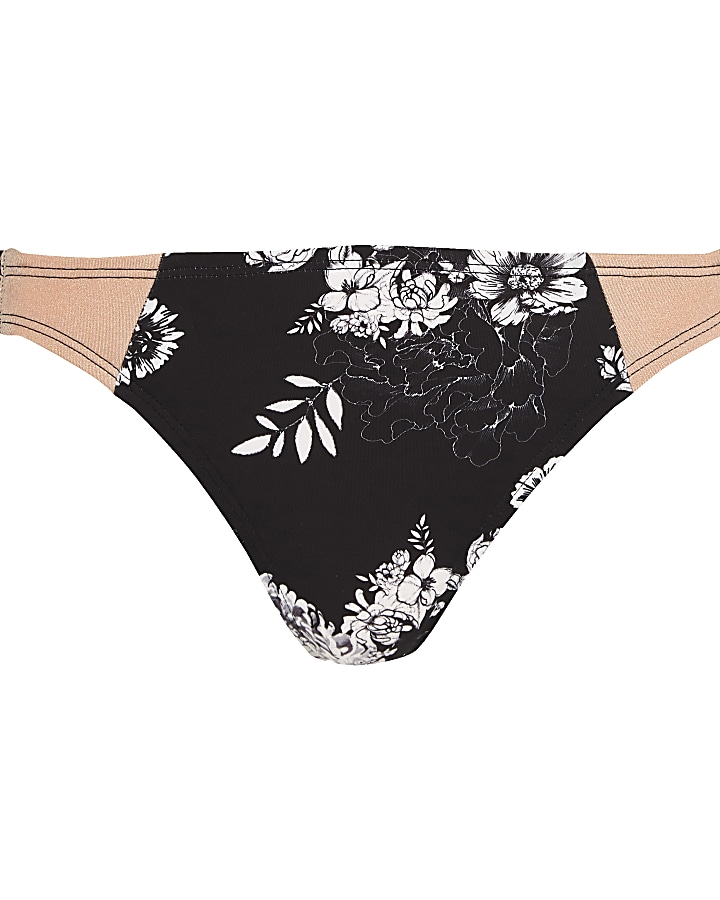 Black floral double strap bikini bottoms