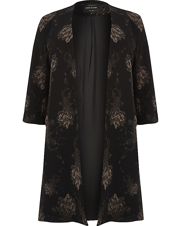 Plus black floral print duster coat