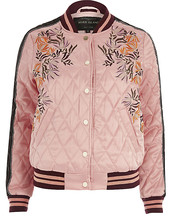 Pink floral embroidered quilted bomber jacket