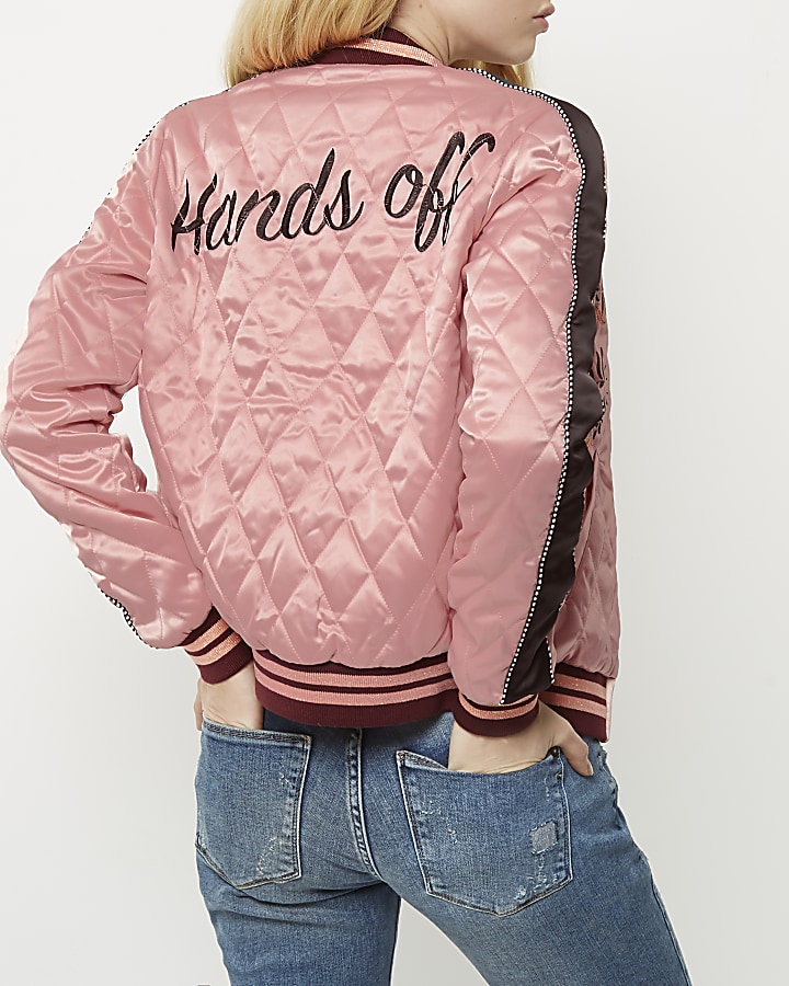 Pink floral embroidered quilted bomber jacket