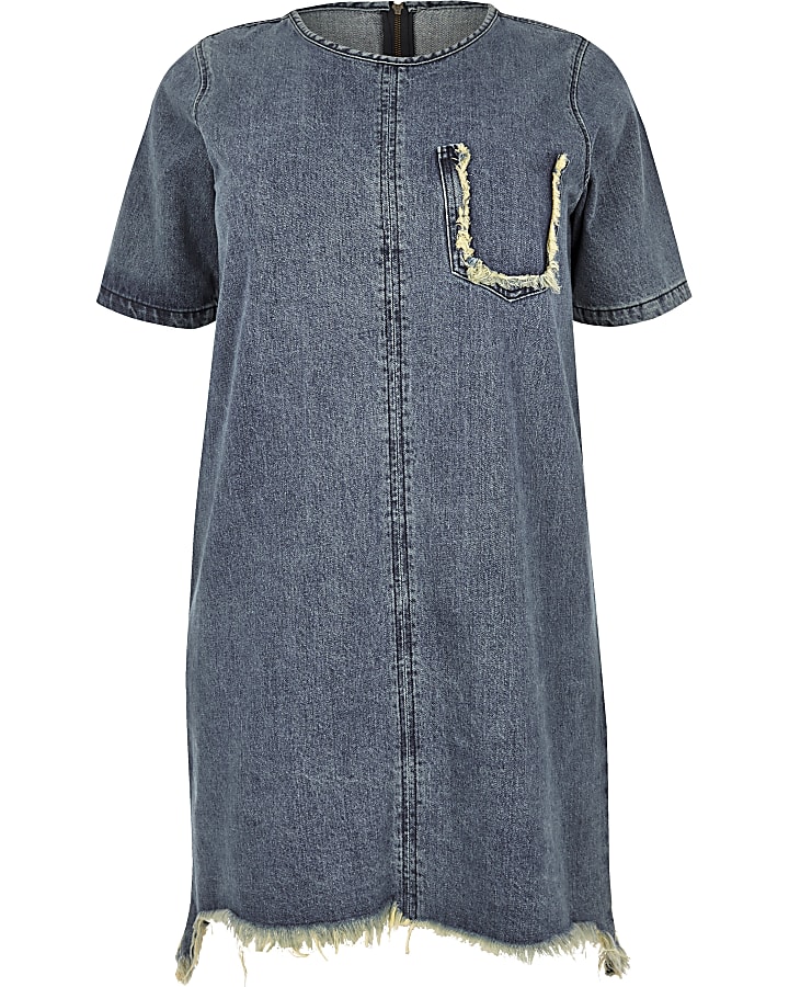 Plus blue wash frayed denim T-shirt dress