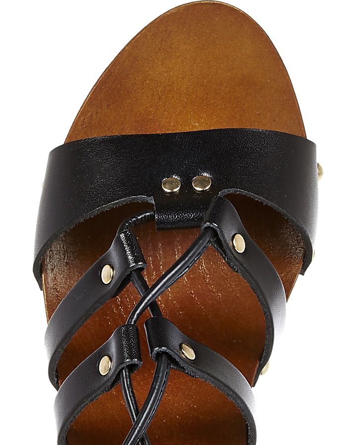 Black leather tie up clog sandals