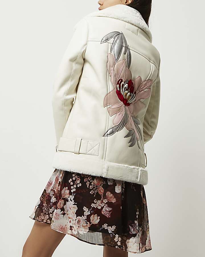 Cream faux leather floral back aviator coat