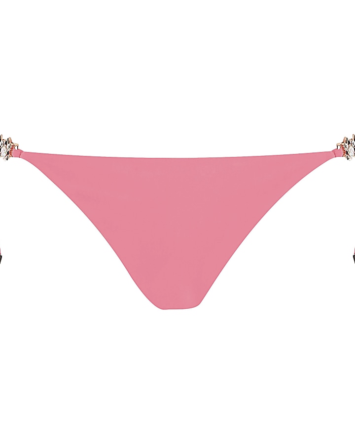 Pink jewel tie side bikini bottoms