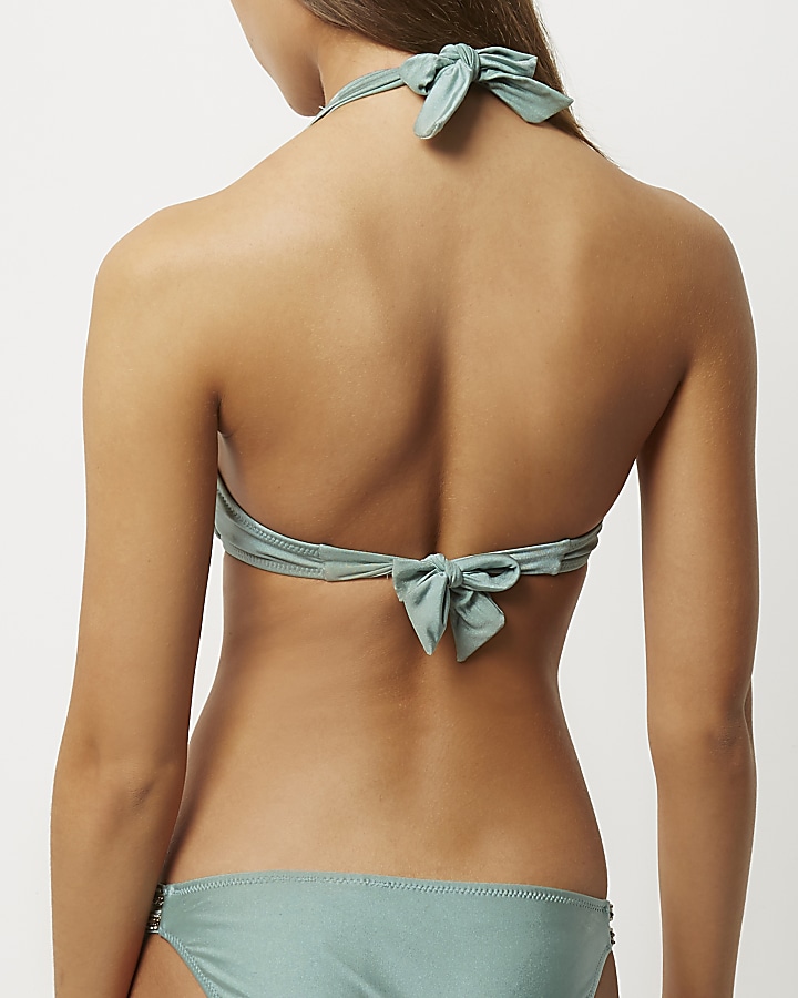 Green jewel strap halterneck bikini top