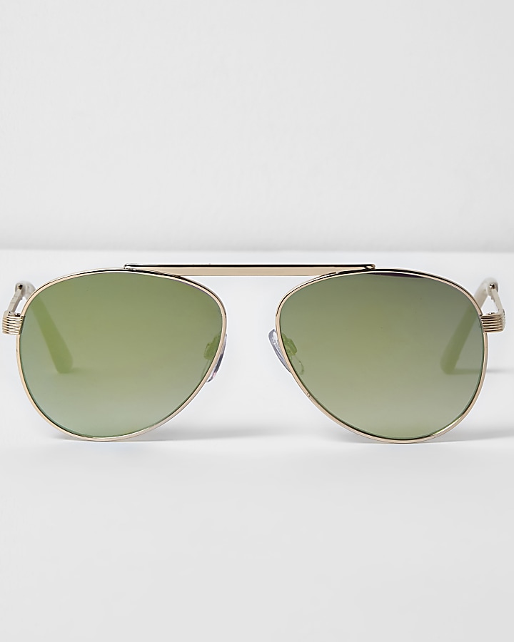 Gold tone brow bar green mirrored sunglasses