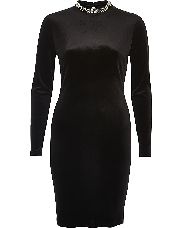Black velvet embellished mini dress