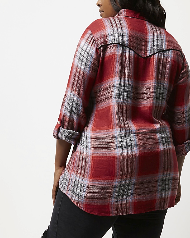 Plus red check embroidered western shirt