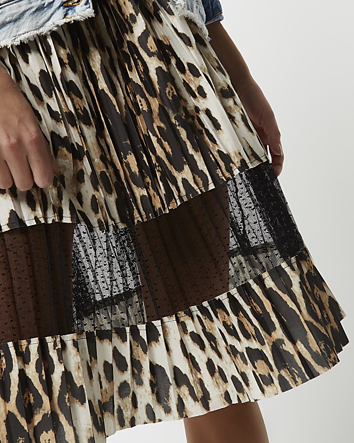 Brown leopard print lace panel midi skirt