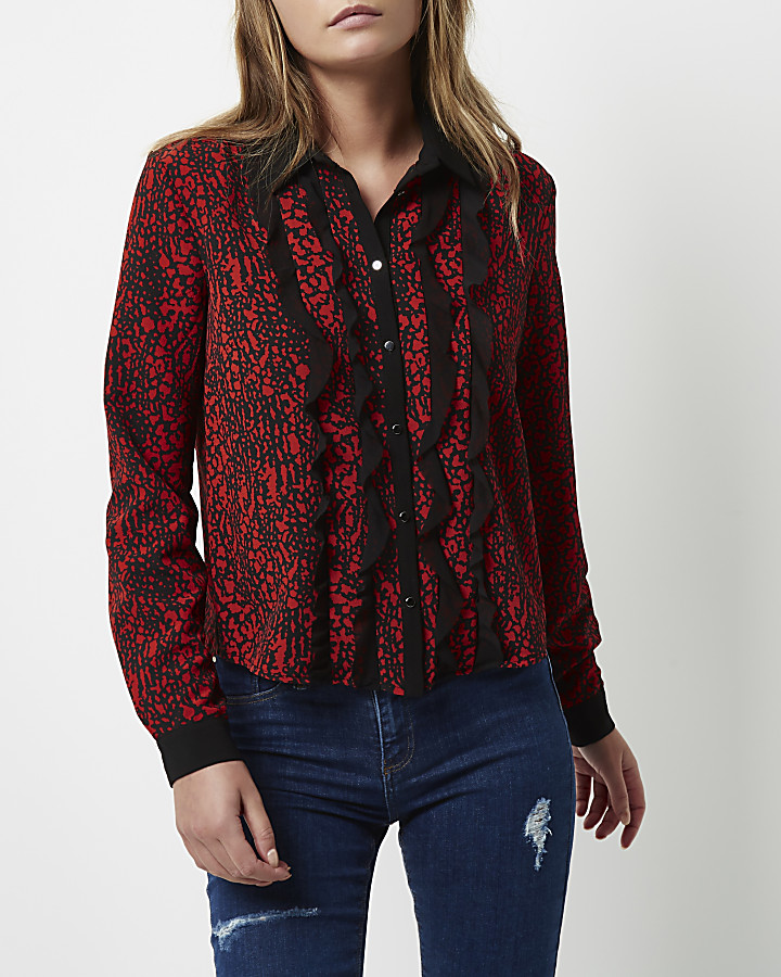 Red contrast print frill shirt