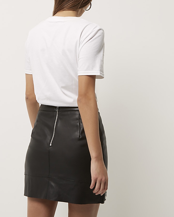 Black embellished hem leather look mini skirt