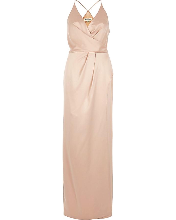 Light pink plunge slit maxi dress