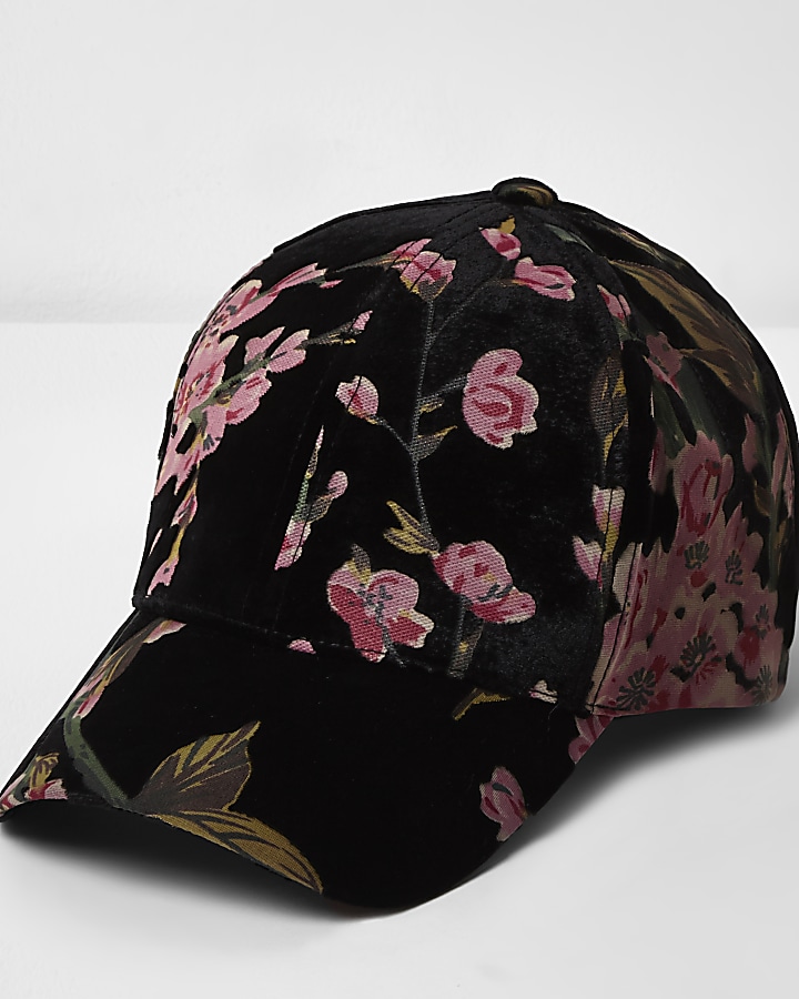 Black rose print baseball cap