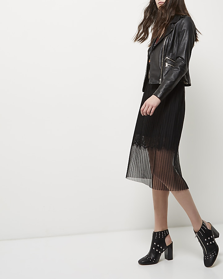 Black pleated lace trim midi skirt