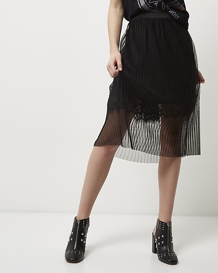 Black pleated lace trim midi skirt