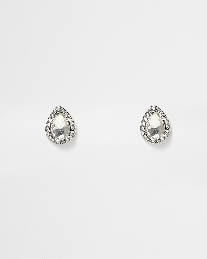 Silver tone diamante teardrop stud earrings