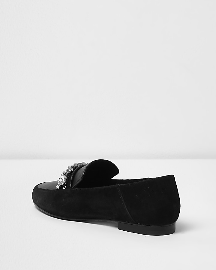 Black suede jewel embellished loafers