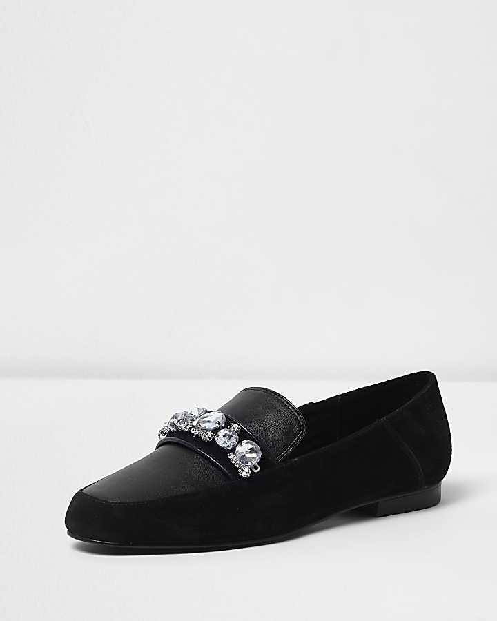 Black suede jewel embellished loafers