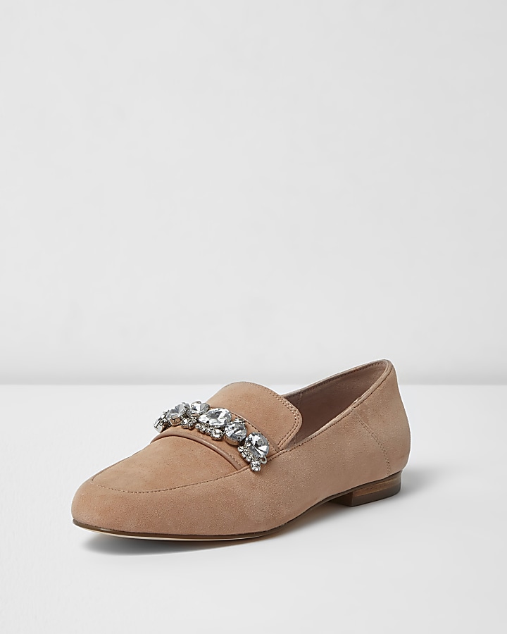 Nude suede jewel embellished loafers