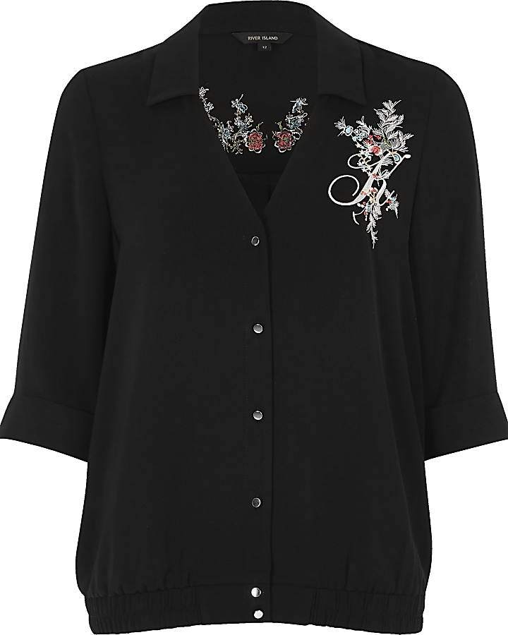 Black floral embroidered pyjama blouse