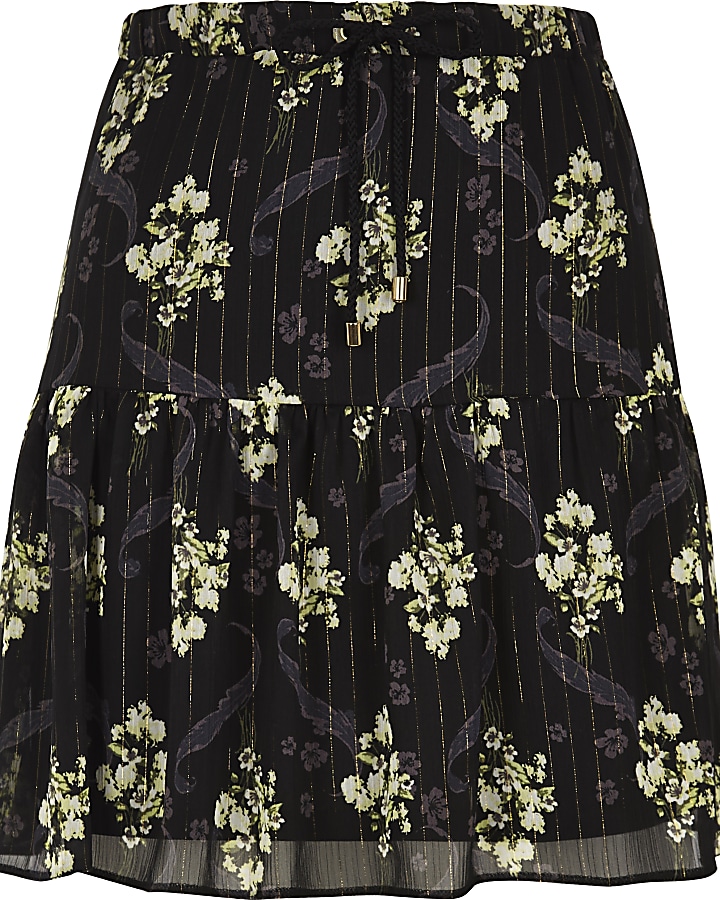 Black floral print tiered mini skirt