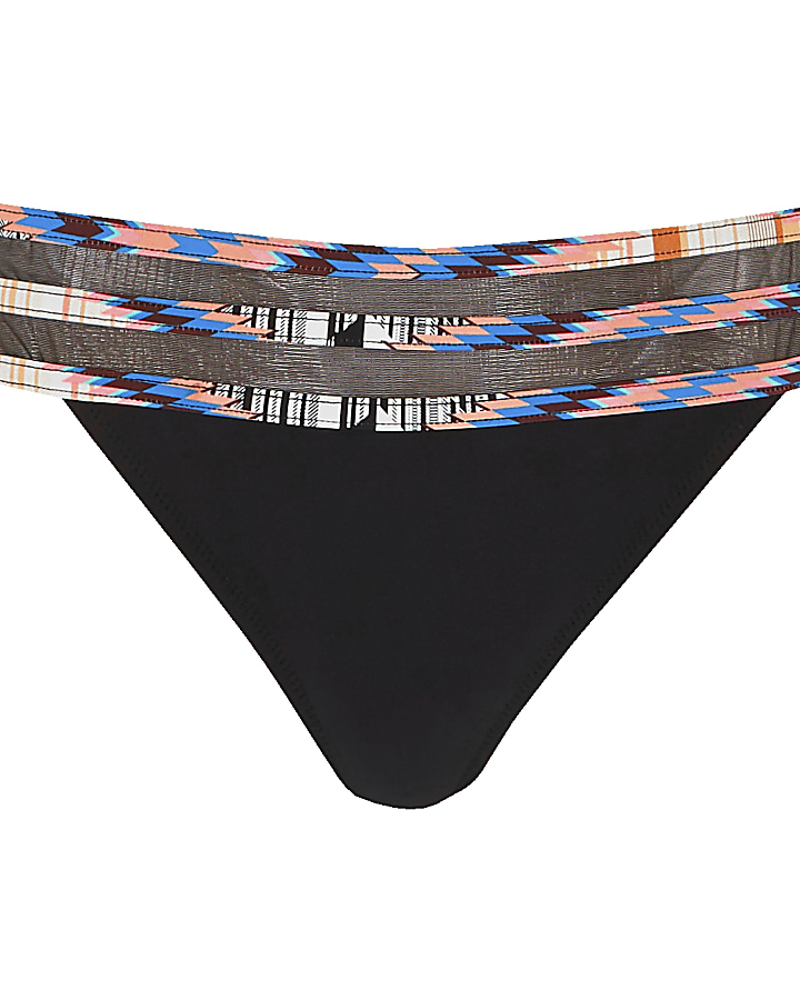 Black geo print multi strap bikini bottoms