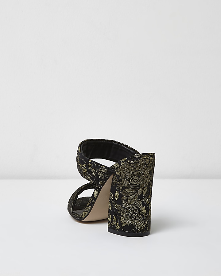 Black print strappy heeled mules