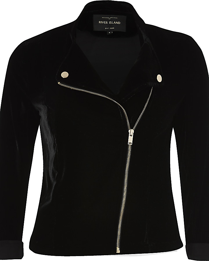 Black zip front velvet biker jacket