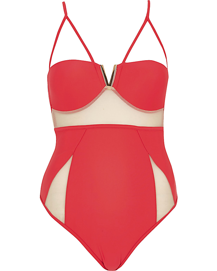 Red mesh insert strappy swimsuit